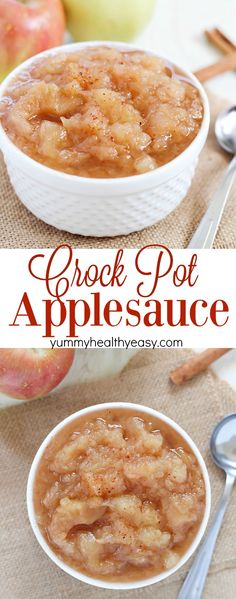 two bowls filled with apples and some spoons next to each other on top of a table