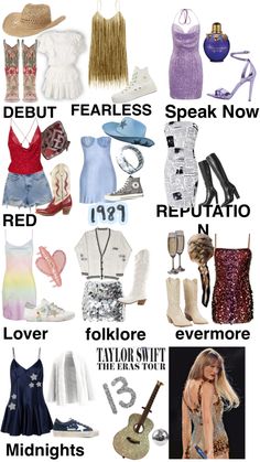 the different types of clothes and shoes are shown in this poster, which includes text that reads