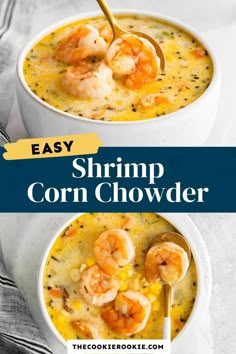 two bowls filled with shrimp and corn chowder