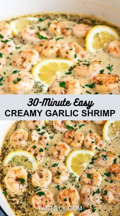 This Creamy Garlic Shrimp is zesty, garlicky, and ready in just 30 minutes. Serve with crusty bread for dipping! #creamygarlicshrimp Creamy Garlic Shrimp, Baked Shrimp Recipes, Lemon Garlic Butter Shrimp, Lemon Garlic Butter Sauce, Lemon Garlic Shrimp Pasta, Lemon Garlic Pasta, Seafood Dish Recipes, Garlic Shrimp Pasta