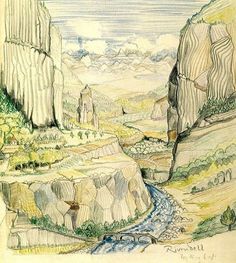 a drawing of a river flowing between two mountains