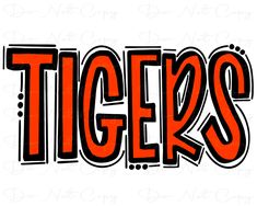 the word tigers in red and black on a white background with an orange lettering underneath it