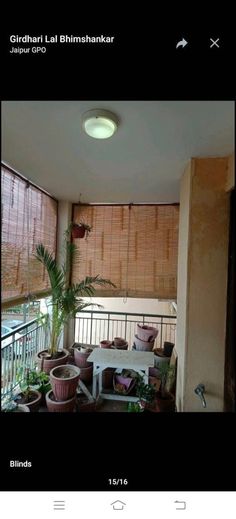 a balcony with potted plants and blinds on the windowsills is seen in this image