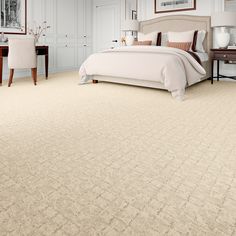 a bedroom with beige carpet and white walls