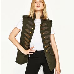 Zara Woman Denim Vest Khaki-Gold-Colored Overshirt Women, Black Lace Corset Top, Army Green Vest, Military Vest, Black Lace Corset, Black Tunic Tops, Lace Corset Top, Green Vest, Zara Shirt