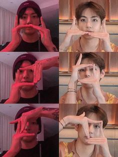 four different pictures of a person making faces with their hands and fingers in the same direction