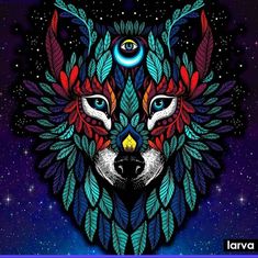 a wolf's head with colorful feathers and stars in the background