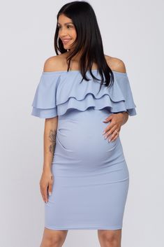 A maternity baby shower dress for stylish moms-to-be! A solid hued fitted maternity dress featuring an off shoulder ruffle neckline and ruched sides. The Light Blue Ruffle Off Shoulder Ruched Maternity Dress is perfectly bump-friendly! Blush Maternity Dress, Maternity Shift Dress, Fitted Maternity Dress, Pink Blush Maternity Dress, Maternity Photo Outfits, Maternity Dresses For Baby Shower, Ribbed Bodycon Midi Dress, Stylish Mom, Baby Shower Dresses