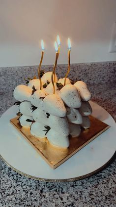 there is a cake that has candles on it and some rocks in the shape of mushrooms