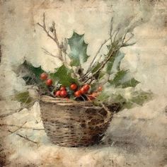 a painting of holly and berries in a basket