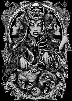 an image of a woman and two animals on a black background with the words,