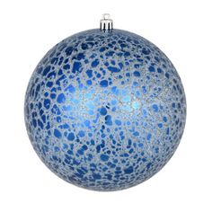 a blue ornament hanging from a silver chain on a white background in the shape of a ball