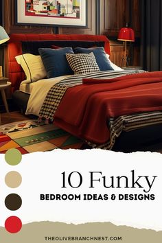 the bedroom is decorated in red, yellow and blue colors with lots of pillows on it