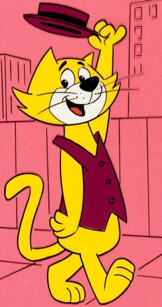 a cartoon cat with a hat on its head and one hand up in the air