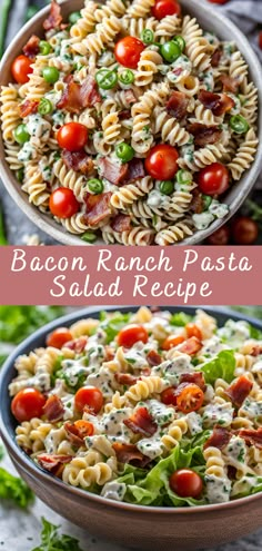 Bacon Ranch Pasta Salad Recipes, Easy Potluck Salads, Ranch Pasta Salad Recipes, Chicken Bacon Ranch Pasta Salad, Bacon Ranch Pasta, Pasta Side, Bacon Ranch Pasta Salad, Cold Pasta Salad Recipes, Creamy Ranch Dressing