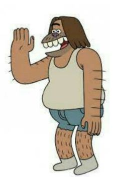 a cartoon character wearing shorts and a tank top, making a hand gesture with his right hand