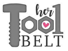 the tool belt logo is shown in black and white, with pink heart on it