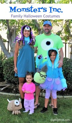 two adults and two children dressed up as monsters in halloween costumes with text overlay that reads, monster's inc family halloween costumes