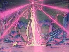 an animated image of a woman standing in the middle of a room with pink lights