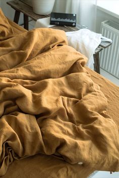 Linen Duvet Cover in Mustard - Cal King Queen Twin Full Double Single Size Comforter - Washed Soft Mustard Bedding, Linen Duvet Cover, Natural Linen Fabric, Linen Quilt, Printed Aprons, Inviting Home, Linen Duvet Covers, Linen Duvet, Farmhouse Style House