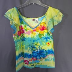 Nwt Forbidden Top Womens Size Large Tropical Fairy Beaded Sequins Floral V-Neck Sheer Butterfly Sleeve Yellow V-neck Top For Beach Season, Summer V-neck Beaded Top, Summer Beaded V-neck Tops, Beaded V-neck Top For The Beach, Beaded V-neck Tops For Summer, Spring Beaded Multicolor Tops, Casual Beaded V-neck Tops, Beaded V-neck Top For Festivals, Tropical Fairy