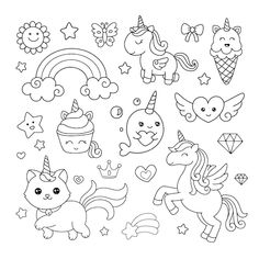 unicorns, cats and other animals are drawn in black ink on a white background