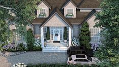 a car is parked in front of a house with bushes and flowers around it,