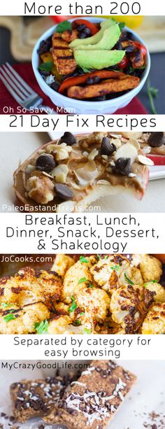 There are over 200 21 Day Fix recipes in this post. They're separated by Breakfast, Lunch, Dinner, Snack, Dessert, and Shakeology recipes so you can find what you need easily! Good luck on your 21 Day Fix diet! 21 Day Fix Recipes, Shakeology Recipes, 21 Day Diet, Diet Vegetarian, Idee Pasto Sano