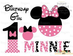 minnie mouse birthday girl number one with pink and black polka dot ears, bow tie