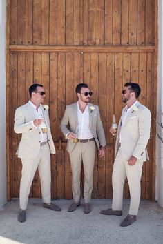 Rocabella Santorini, Tan Groomsmen Suits, Tan Suit Wedding, Tan Groomsmen, Engagement Suits, Married Af, Wedding Groomsmen Attire, Groomsmen Getting Ready, Pallas Couture