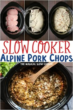 slow cooker alpine pork chops recipe in the crock pot with text overlay