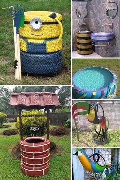 several pictures of different things made out of tires and other items in the yard, including an umbrella