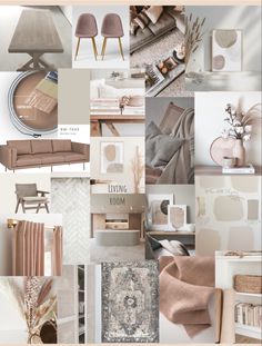 a collage of different furniture and decor items in shades of beige, pink, grey, and white