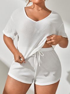 White Casual Collar Short Sleeve  Plain Short Sets Embellished Medium Stretch  Women Plus Sleep & Lounge Plus Size Lounge Wear, White Sweat Shorts, Plus Size Lounge, Pijama Set, Solid Texture, Mom Outfit, Clothing Aesthetic, Cute Pajama Sets, Plus Size Pajamas