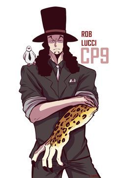 a man in a top hat holding a cheetah on his arm with the caption rob lucci cop