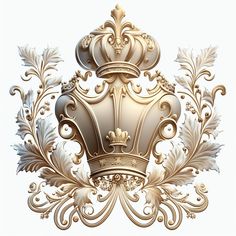 an ornate golden crown with leaves and scrolls on it's sides, set against a white background