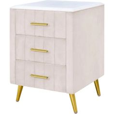 a white and gold nightstand with two drawers on one side, the other is open