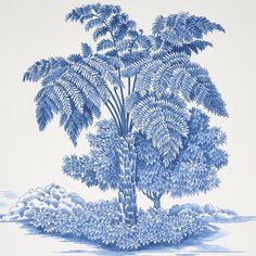 a blue and white drawing of a tree