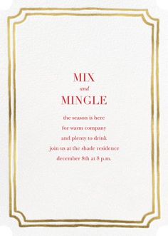 a card with the words mix and mingle written in red on it, along with a gold border