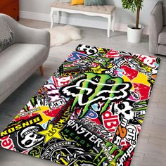 a living room area rug with various stickers on it