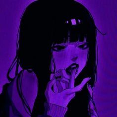 a woman holding her finger up to her mouth in front of a purple background with black hair