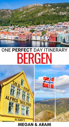 one perfect day itinerary in bergen, norway with the norwegian flag flying