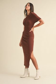 One off shoulder side slit midi length thick ribbed dress. Contemporary, sleek and sexy. Stretchy knit. Viscose/Poly/Nylon Shearling Vest, Ribbed Dresses, Knit Midi, Knit Midi Dress, Shoulder Design, New Tops, Clothes Collection, Dress First, Hat Hairstyles