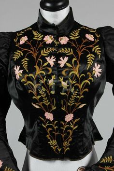 circa 1890 an Ottoman floral embroidered satin example 1901 Fashion, 1890s Dress, Belle Epoque Fashion, Neo Victorian, Gothic Victorian, Victorian Lady, Victorian Women