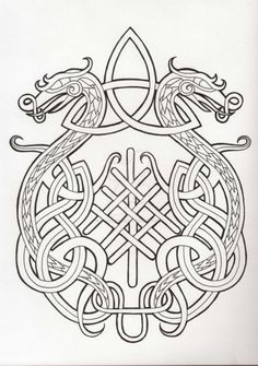 an intricate celtic design with two dragon heads on the center and one in the middle