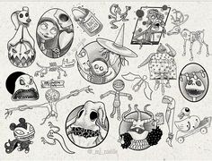 an image of cartoon characters drawn in black and white ink on paper with some type of lettering