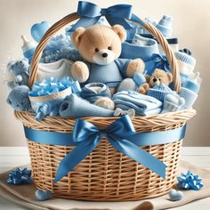 a teddy bear sitting in a basket filled with blue baby items on top of a table