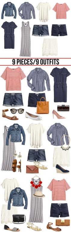 capsule wardrobe 9 Pieces 9 Outfits, Vacation Capsule, Summer Pieces, Core Wardrobe, Wardrobe Capsule, Wardrobe Pieces, Summer Capsule, Travel Outfit Summer, Clothes And Shoes