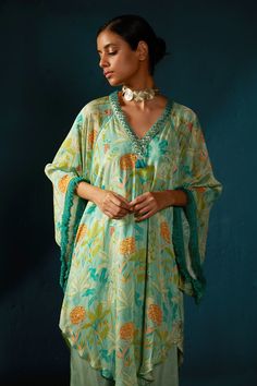 Buy Blue Chinon Chiffon Printed Shaded Asymmetric Kaftan Kurta And Pant Set For Women by Basil Leaf Online at Aza Fashions. Bohemian Designer Kaftan For Summer, Bohemian Designer Summer Kaftan, Bollywood Style Festive Palazzo Set With Embroidered Neckline, Bohemian Floral Print Kaftan For Designer Wear, Bollywood Style Festive Kaftan With Tassels, Festive V-neck Kurta For Vacation, Bollywood Style Kaftan With Printed Motifs, Festive Printed Motifs Kaftan Tunic, Festive Printed Motifs Tunic Kaftan