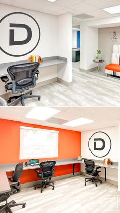 two pictures of an office with chairs and desks